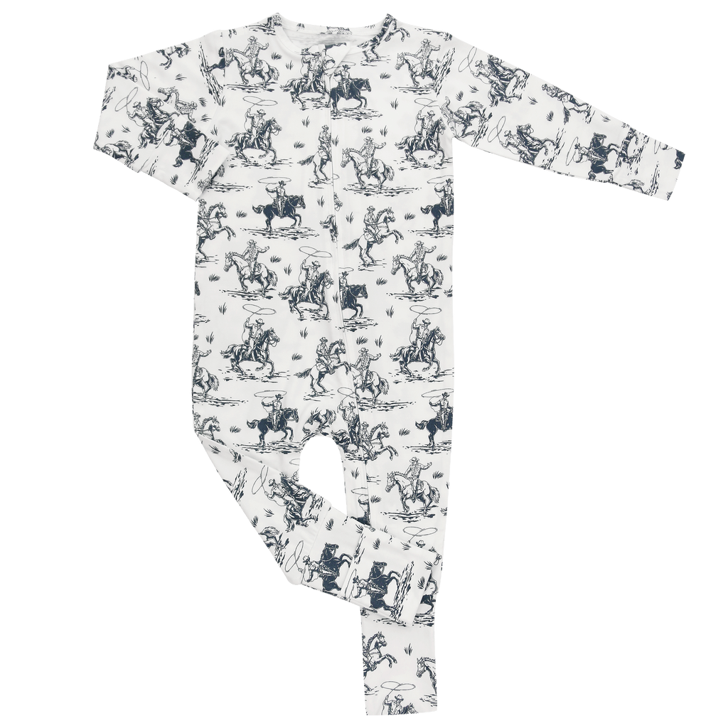 Baby long-sleeve footed romper with allover blue cowboy print on white