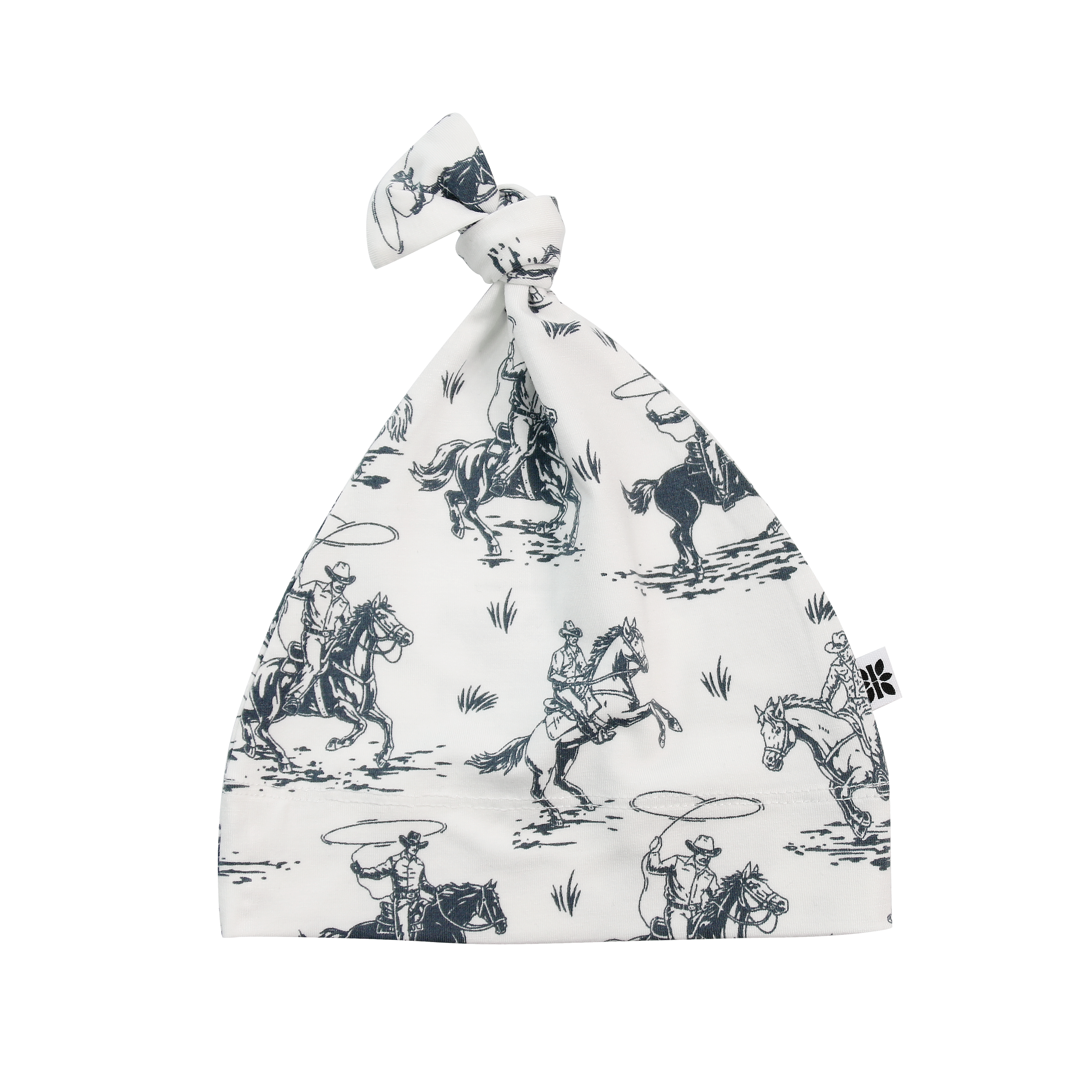 Boy's cowboy print knot hat, white fabric with raised tied top