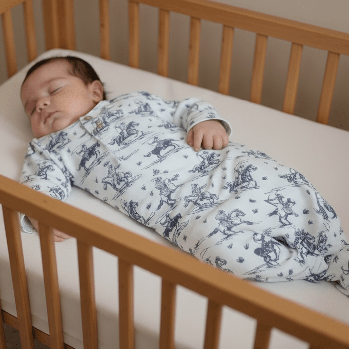 Baby knotted gown with long sleeves, light blue and white cowboy print