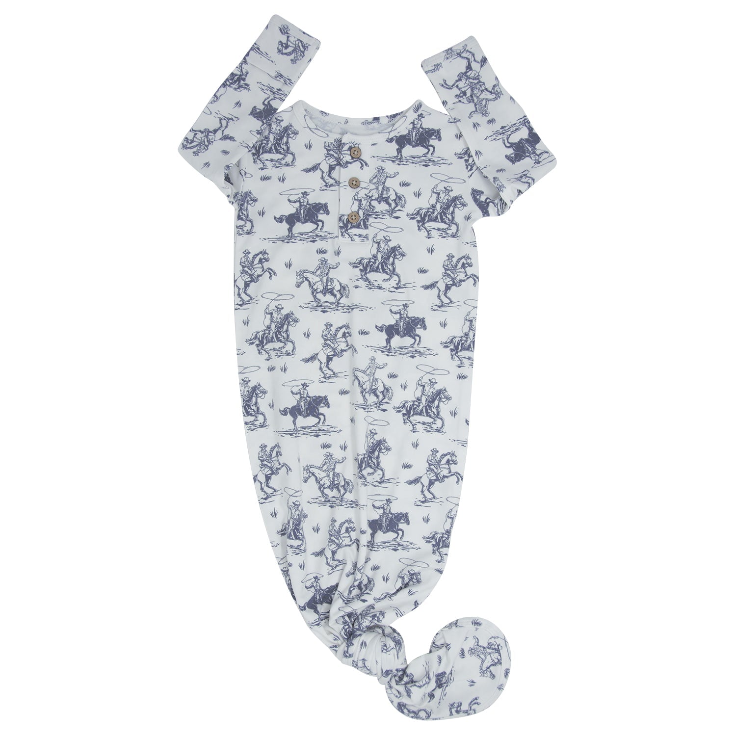 Baby knotted one-piece gown with short sleeves, light blue cowboy print on white