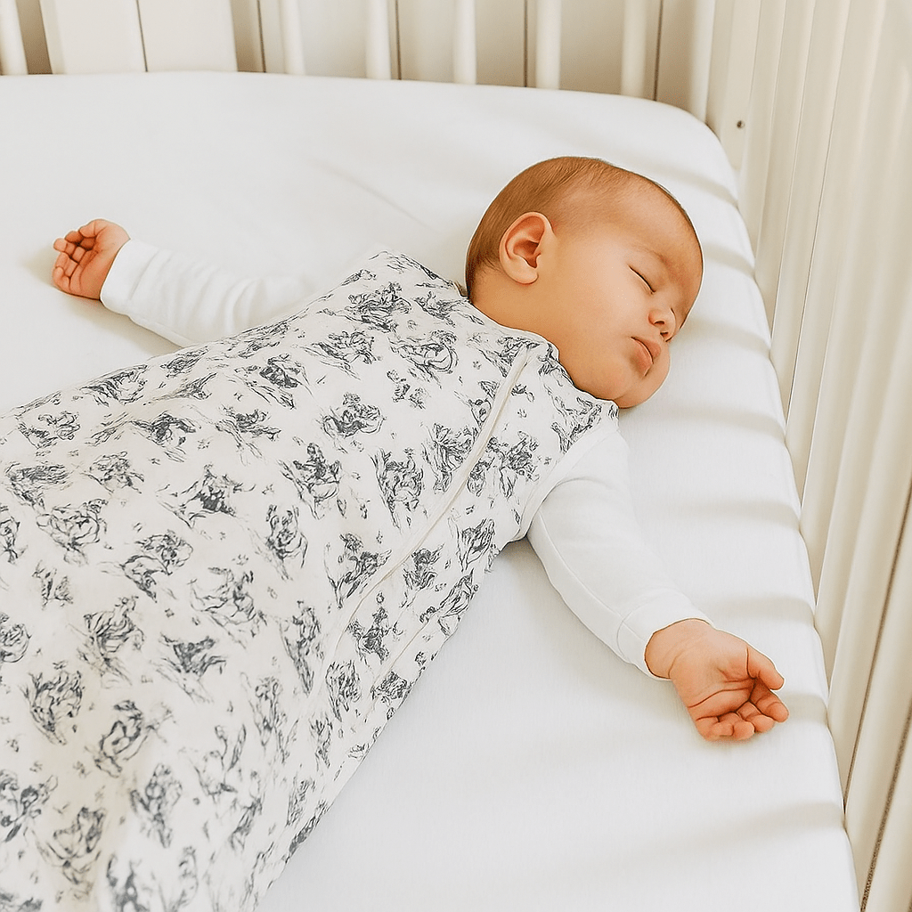 Boy sleep sack worn by baby, white with navy cowboy animal print, sleeveless