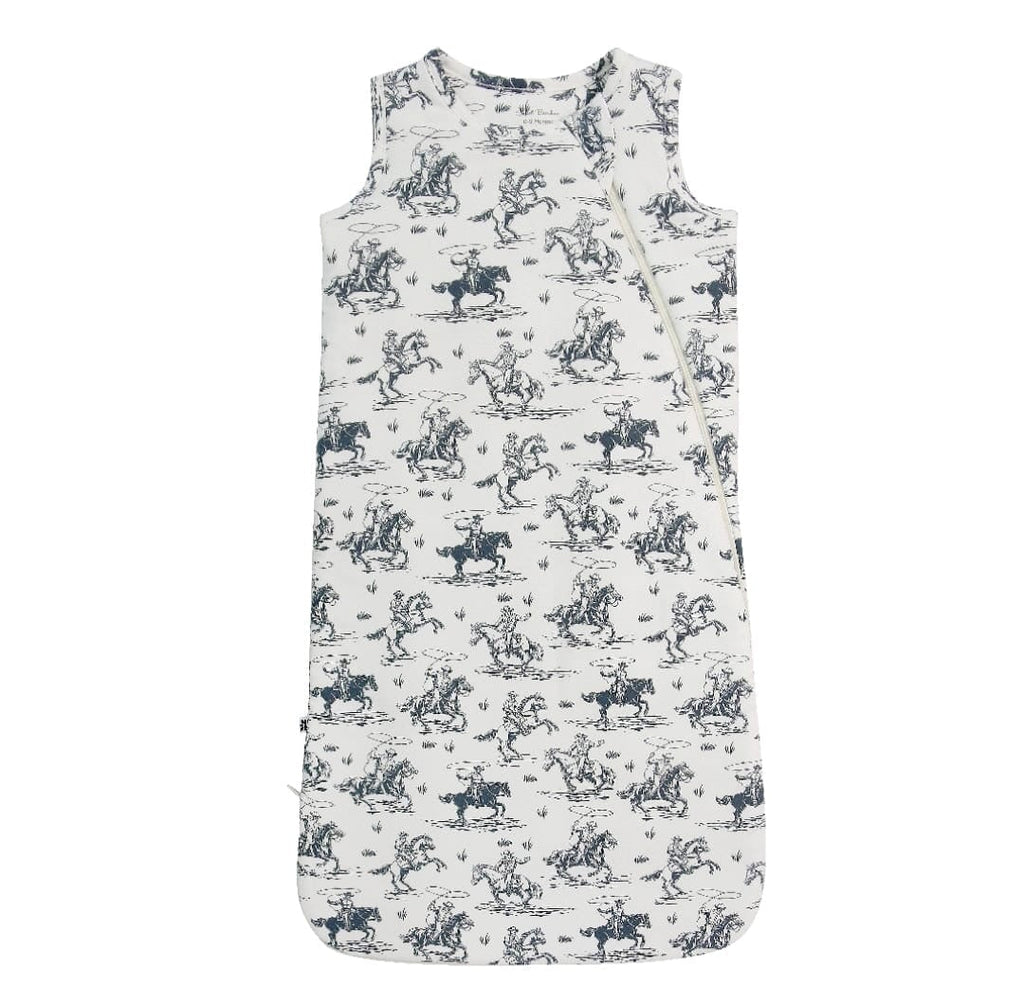 Rip's Ranch sleep sack for boys, white with navy cowboy animal print