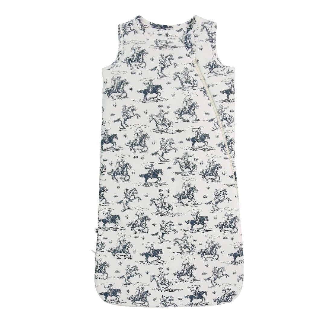 Rip's Ranch sleep sack for boys, white with navy cowboy animal print