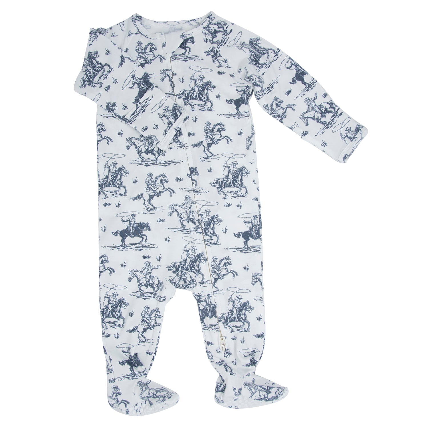 White cowboy-print footie with front opening, long sleeves and ribbed ankle cuffs