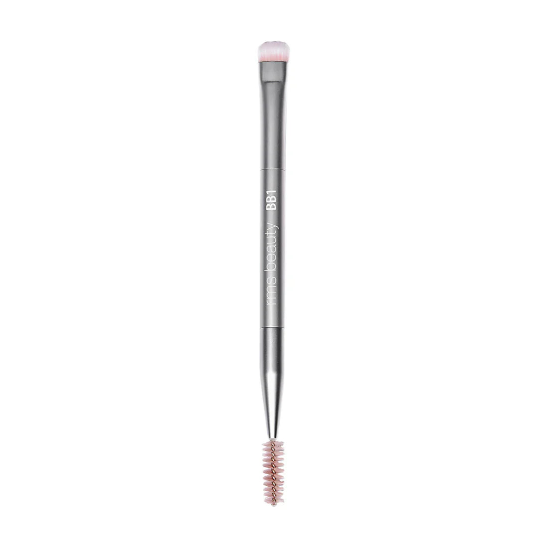 RMS Back2Brow brush with soft pink bristles and spoolie end on silver handle