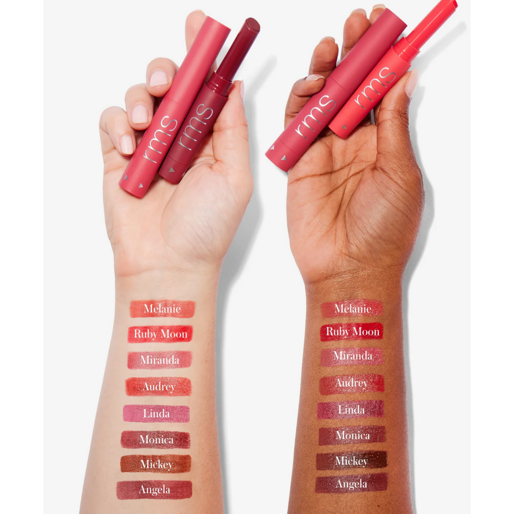 Legendary Serum Lipstick set showing multiple shades on open hands, shade names listed.