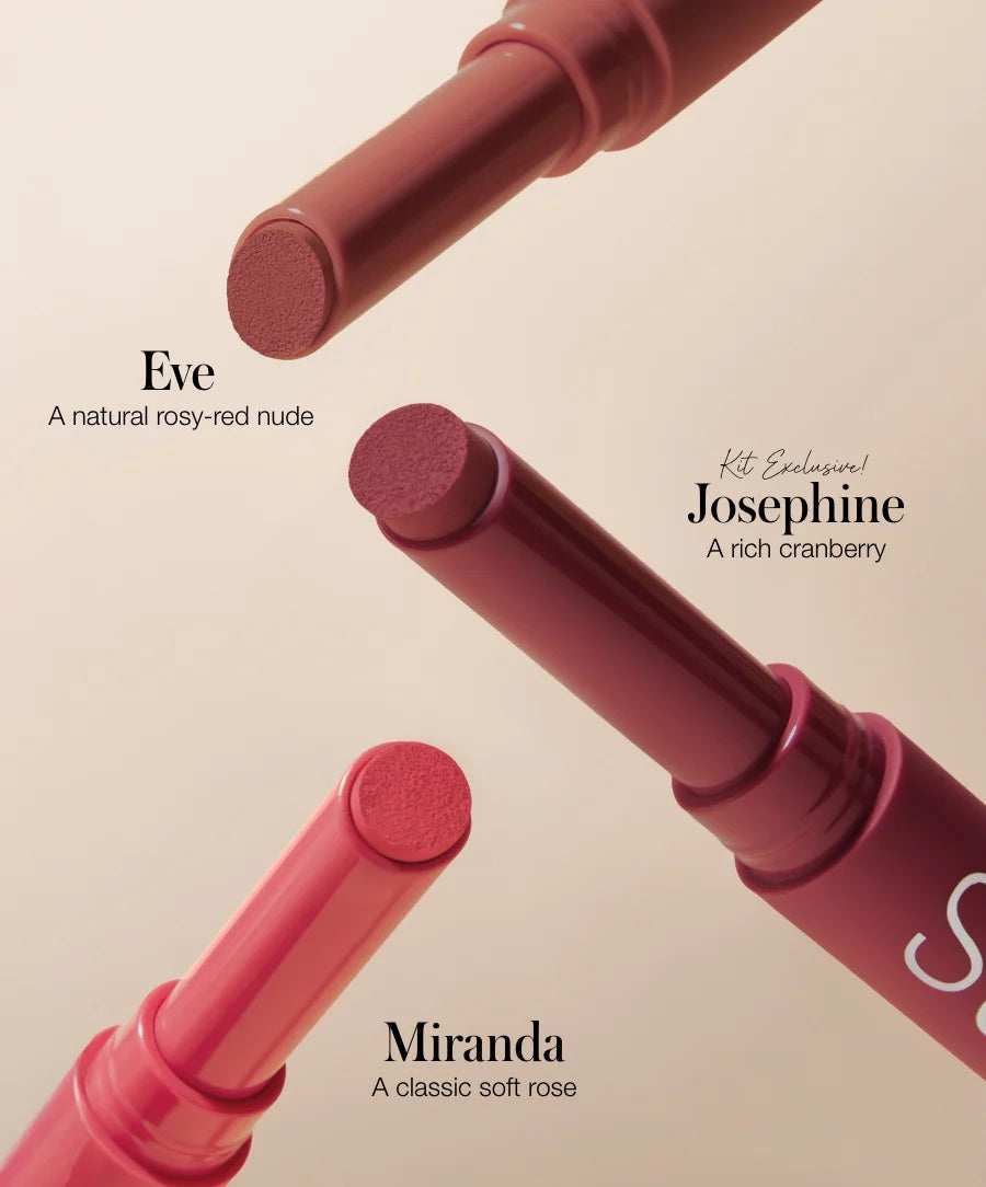 Lipstick set for Miranda, Eve, and Josephine in rose, red-nude, and cranberry shades