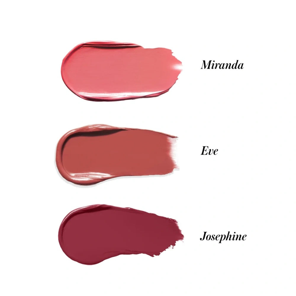 Three lip swatches: Miranda rose, Eve muted red, Josephine deep berry