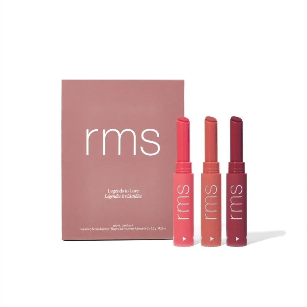 Lip color kit with three lipstick tubes next to rose RMS Legends to Love box