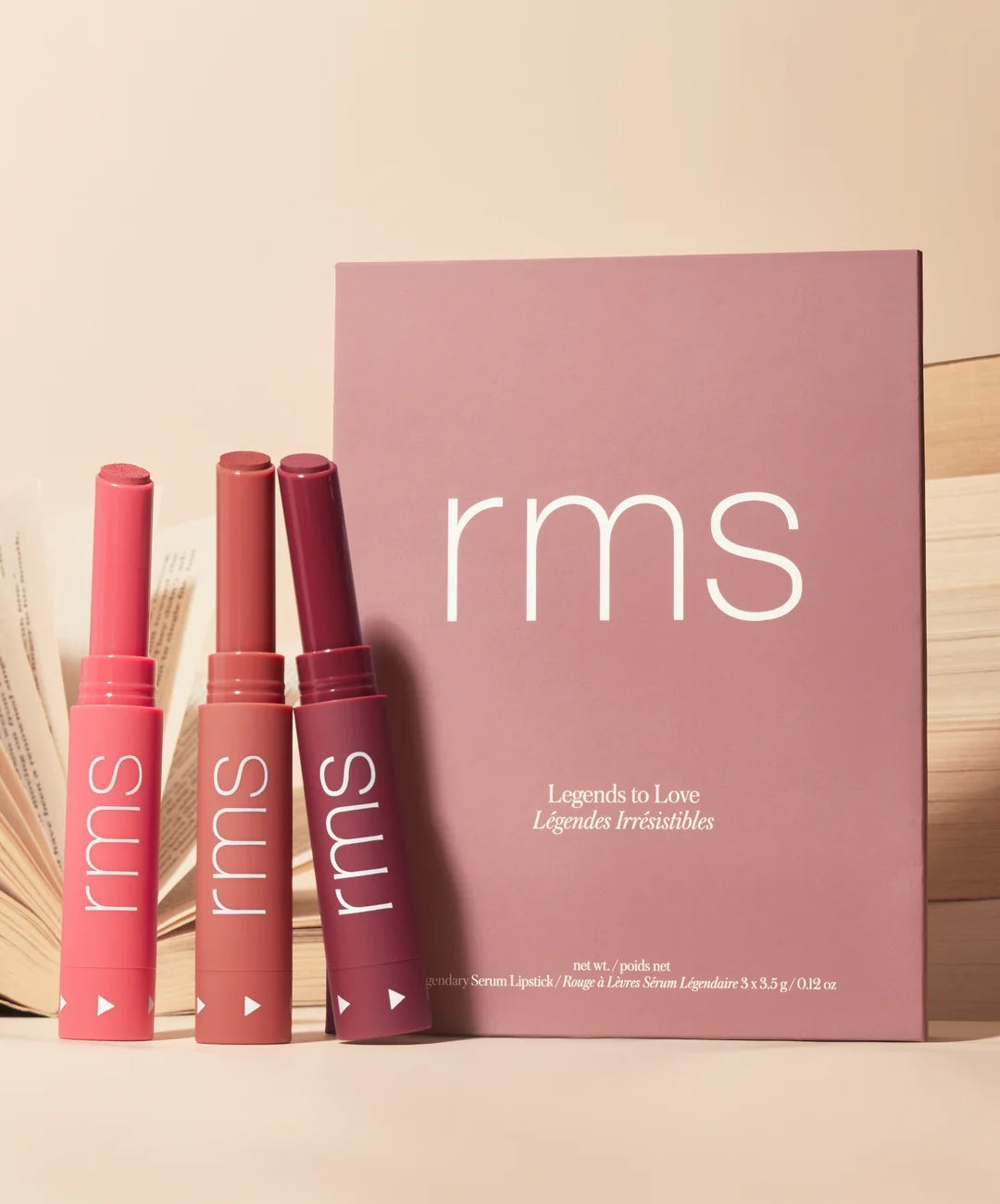 Lip color kit with three rose-toned lipstick tubes and a matching RMS outer box