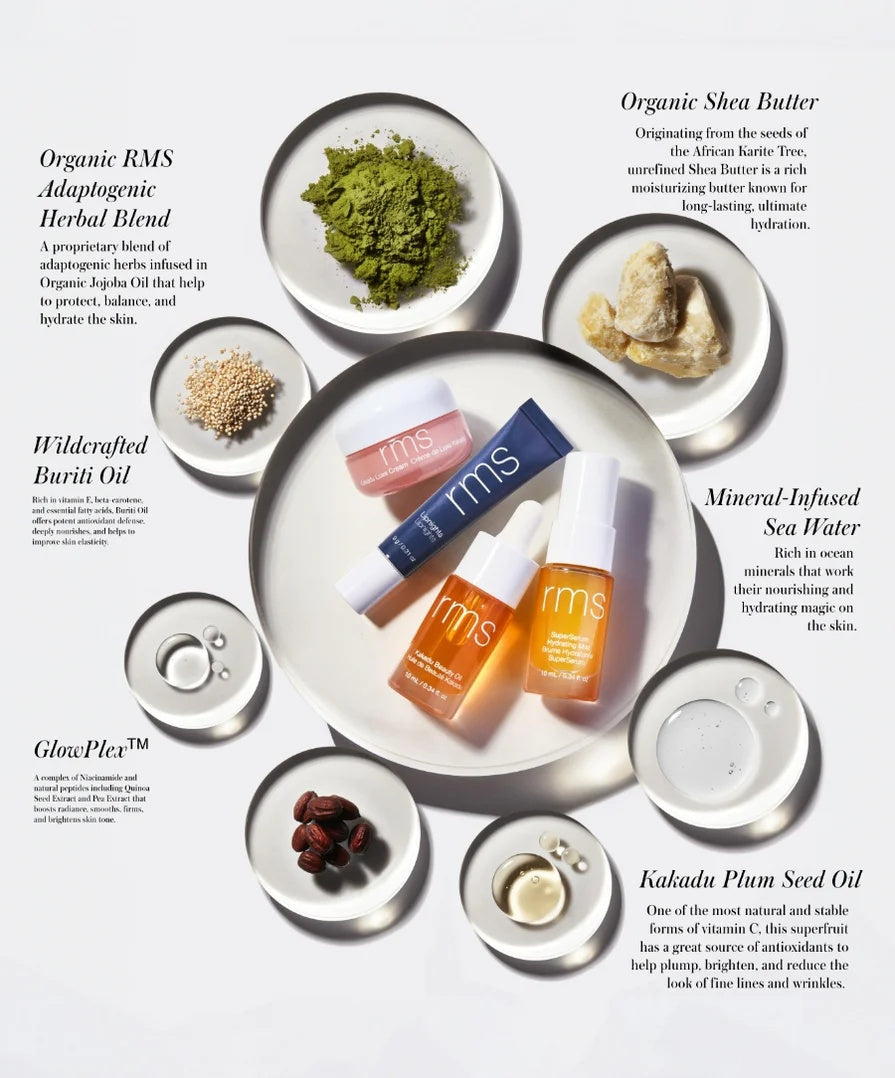 Skincare travel kit with small jars, tubes, and oil bottles on a tray
