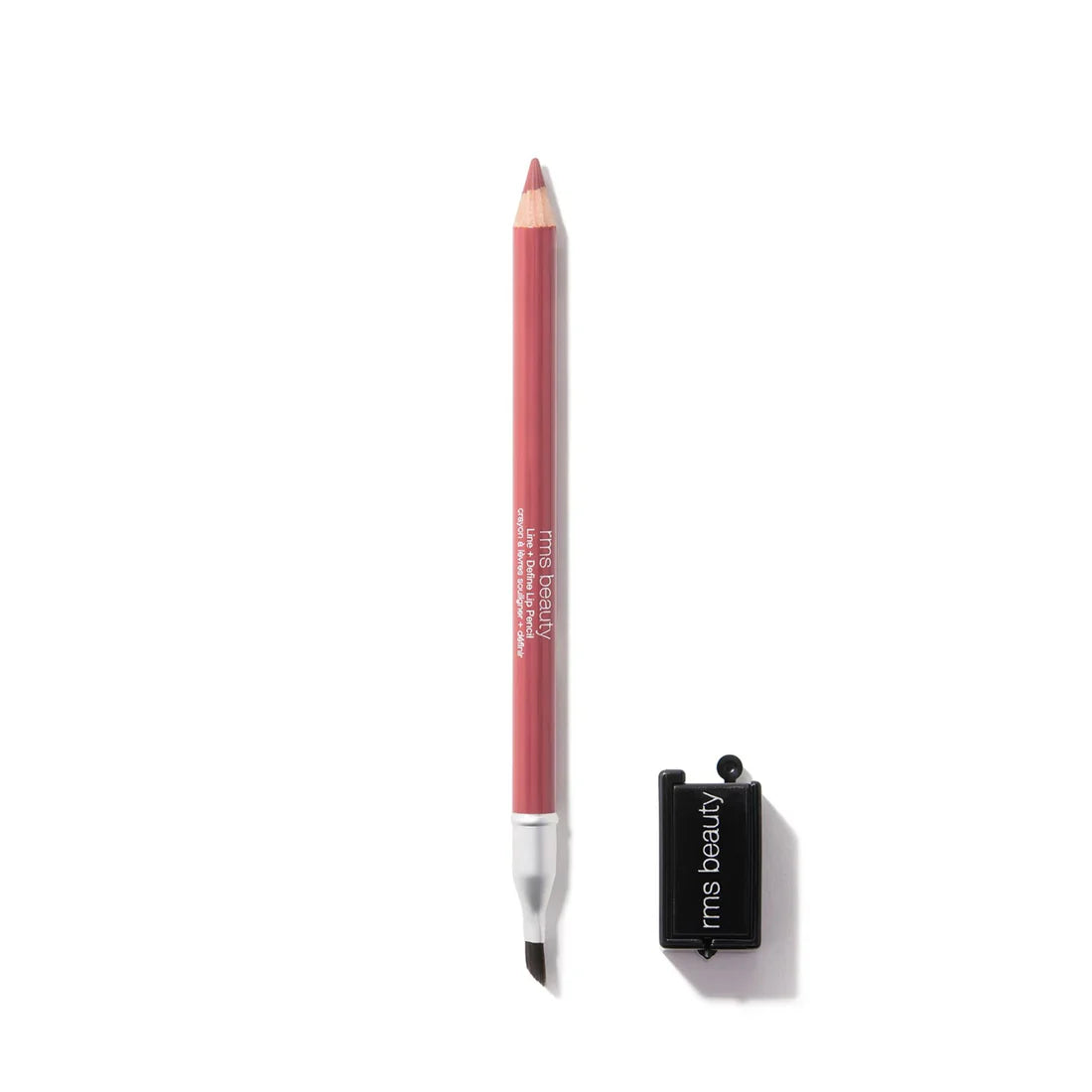Lip pencil in rosy pink nude shade, sharpened tip with clear base and black cap