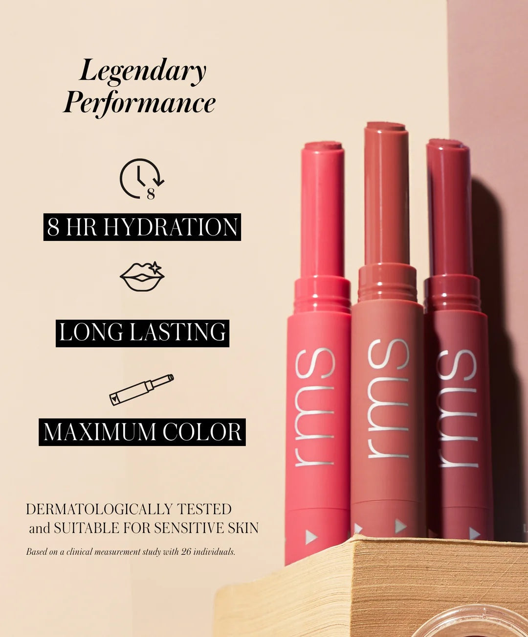 Lip color kit with three tubes and printed claims: 8HR hydration, long-lasting, max color