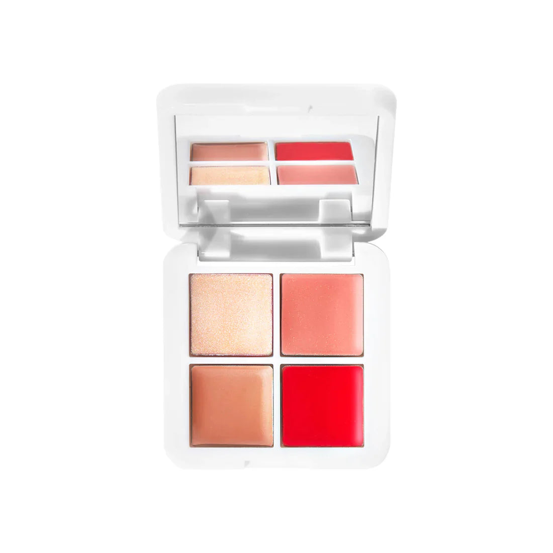 Lip2Cheek Glow Quad Mini compact with four face and lip color pans: nude, coral, bronze, red.
