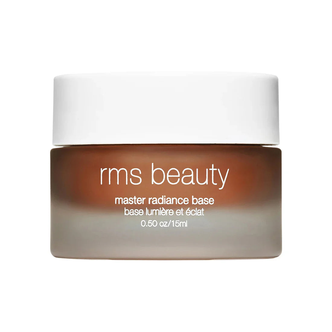 RMS Master Radiance Base jar with white lid, deeper tan cream inside