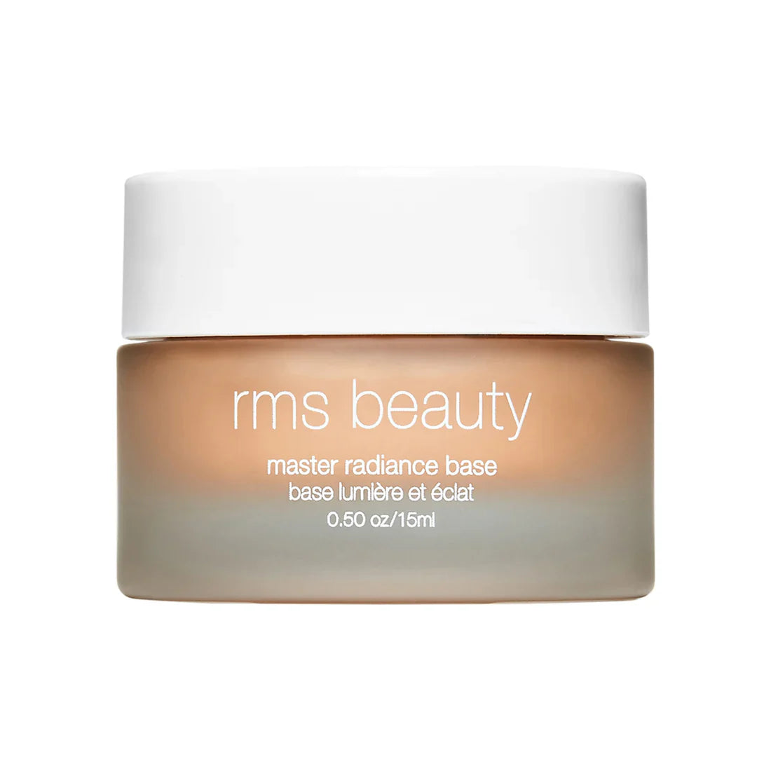 RMS Master Radiance Base jar with white lid, light tan cream inside