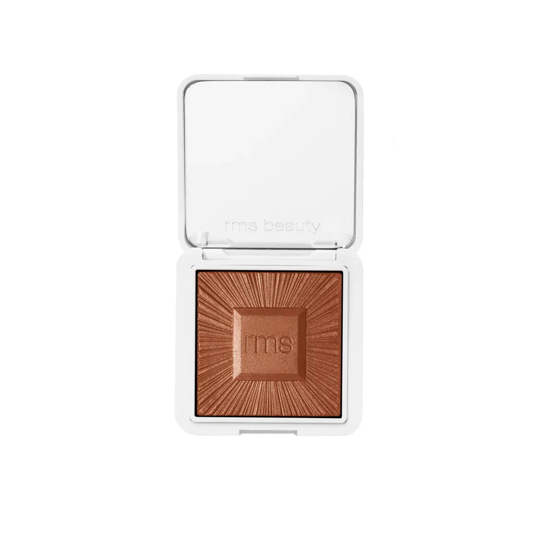 Bronzer compact with open lid showing a light bronze powder pan