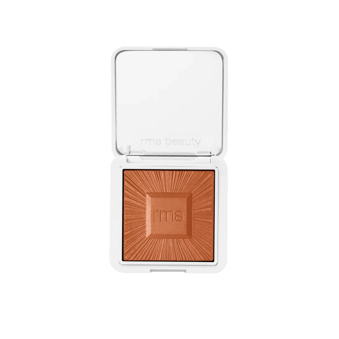 Bronzer compact with open lid showing a medium brown bronze powder pan