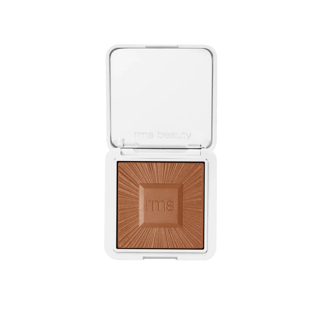 Bronzer compact with open lid showing a deep bronze powder pan