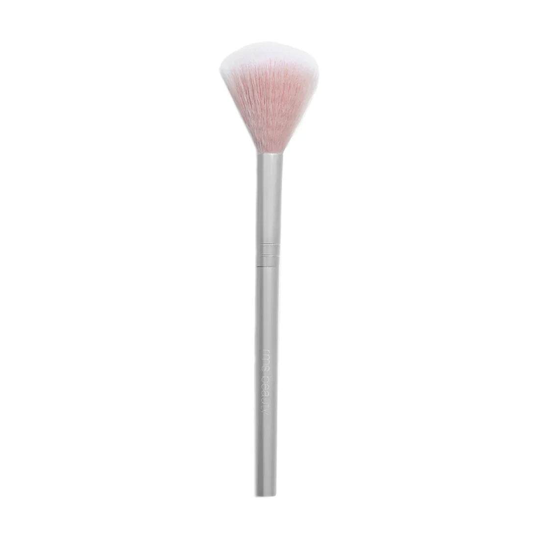 Fan makeup brush with pink bristles and silver handle