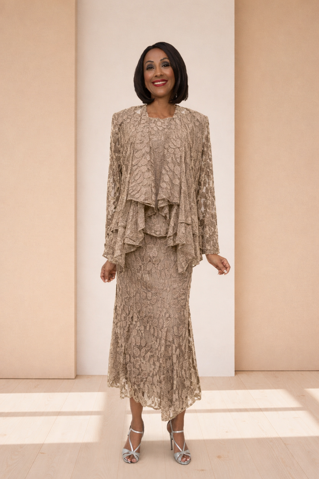 Beige modest 3-piece outfit with textured ruffle tunic and long skirt