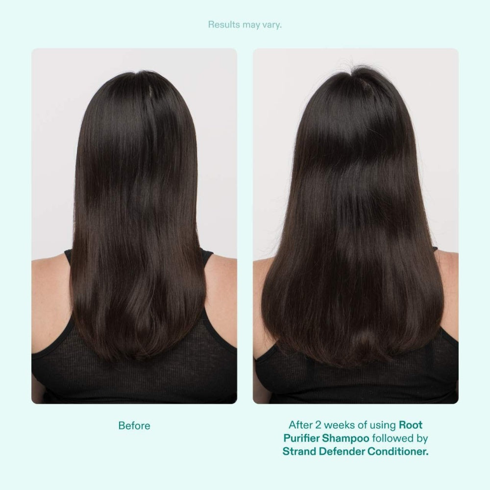 Hair results for Root Purifier shampoo: before and after, straight dark hair from back