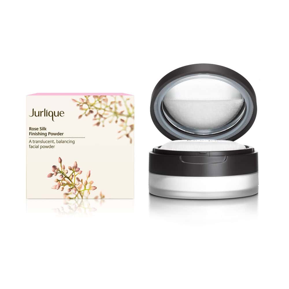JURLIQUE rose silk finishing powder, open compact with white powder and box