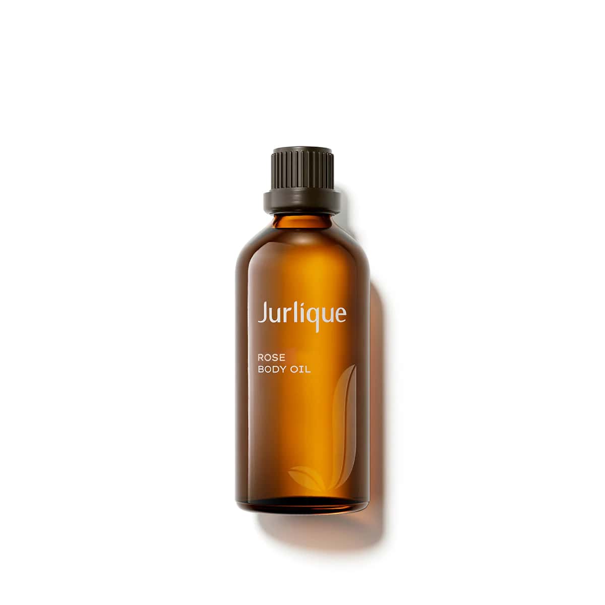 JURLIQUE rose body oil bottle, amber glass with ribbed black cap