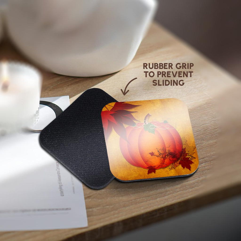 3dRose Doreen Erhardt Autumn Collection - Large Orange Pumpkin with Golden Grunge and Autumn Maple Leaves - Coasters (cst_240093)