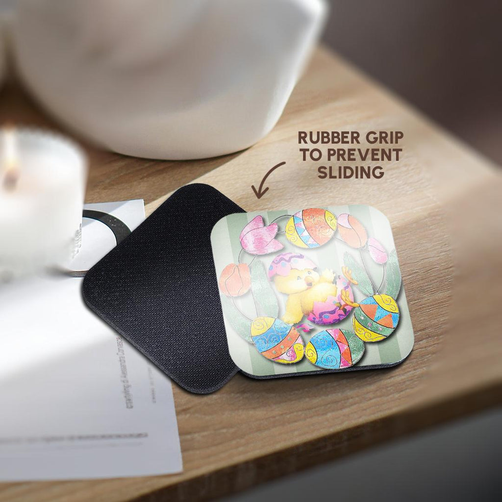 3dRose Spiritual Awakenings-Easter - Cute Easter chick and eggs all decorated around pretty tulips - Coasters (cst_167131)
