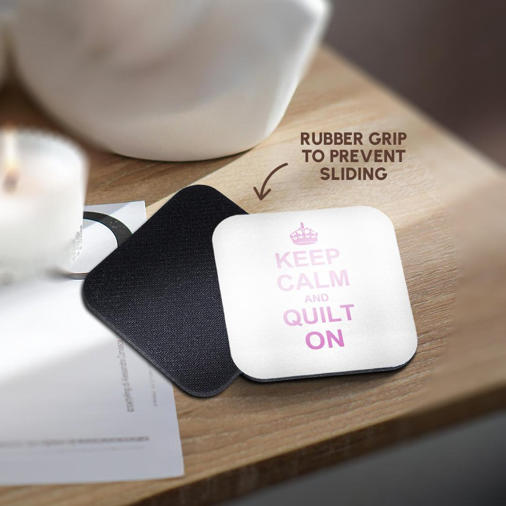 3dRose InspirationzStore Typography - Keep Calm and Quilt on - carry on quilting - Quilter gifts - pink fun funny humor humorous - Coasters (cst_157760)
