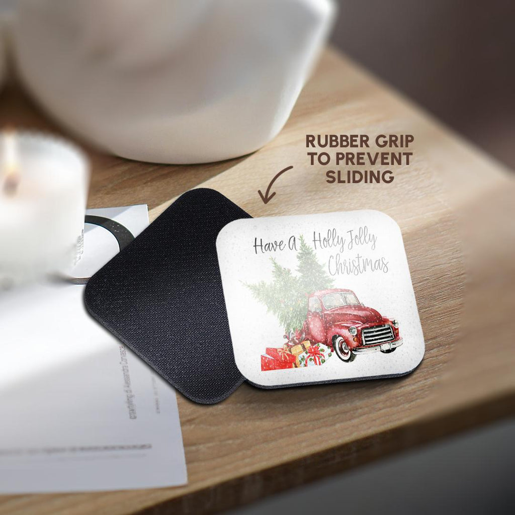 3dRose Anne Marie Baugh - Christmas - Have A Holly Jolly Christmas Red Truck with Christmas Trees - Coasters (CST_263636)