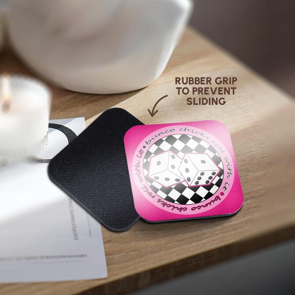 3dRose Janna Salak Designs Bunco - Bunco Chicks Roll With It Pink - Coasters (cst_28502)