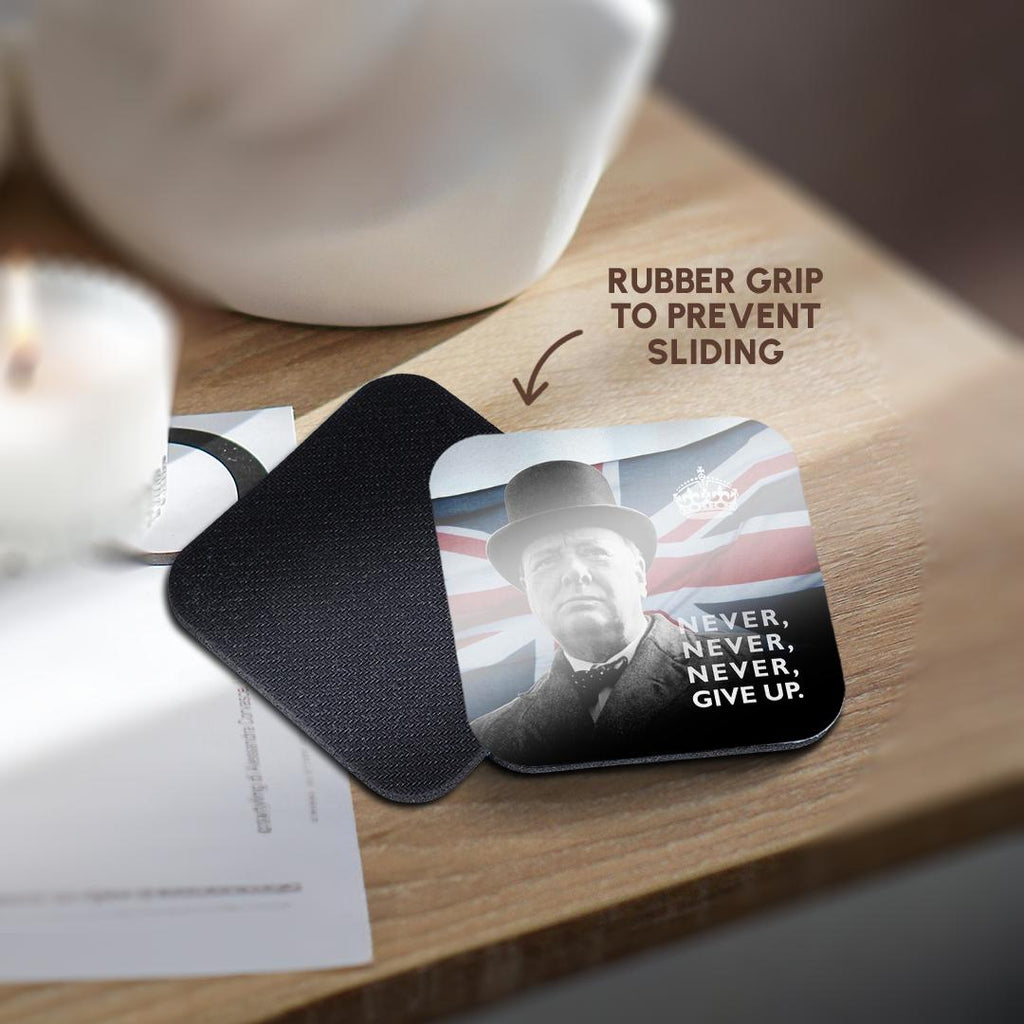 3dRose Russ Billington Designs - Winston Churchill- Never Give Up Quotation Over Union Jack Background - Coasters