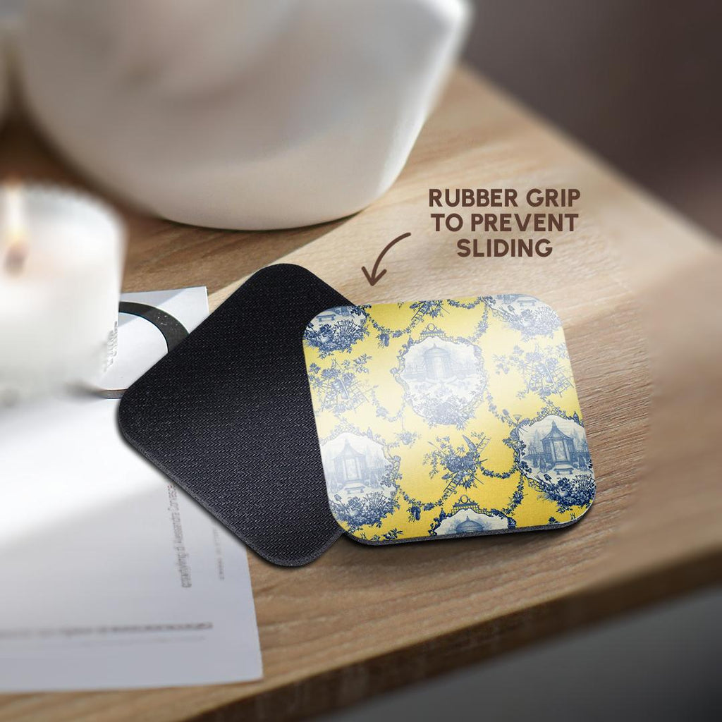 3dRose RinaPiro - French Toile - Garden French Toile. Yellow and Blue. Popular Toile Print. - Coasters (CST_218087)