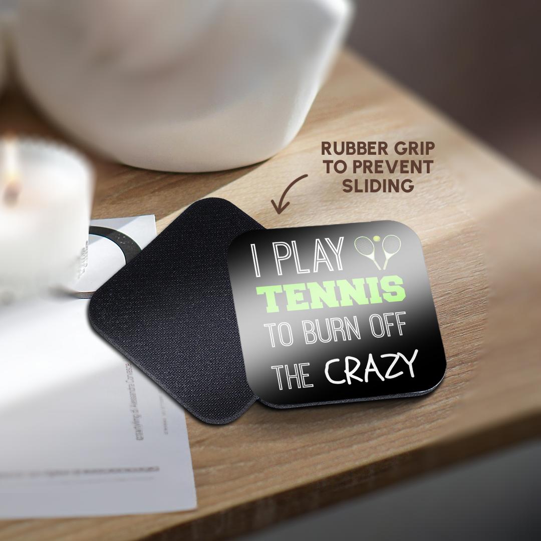 3dRose BrooklynMeme Sports - I play tennis to burn off the crazy on black background - Coasters (cst_221883)