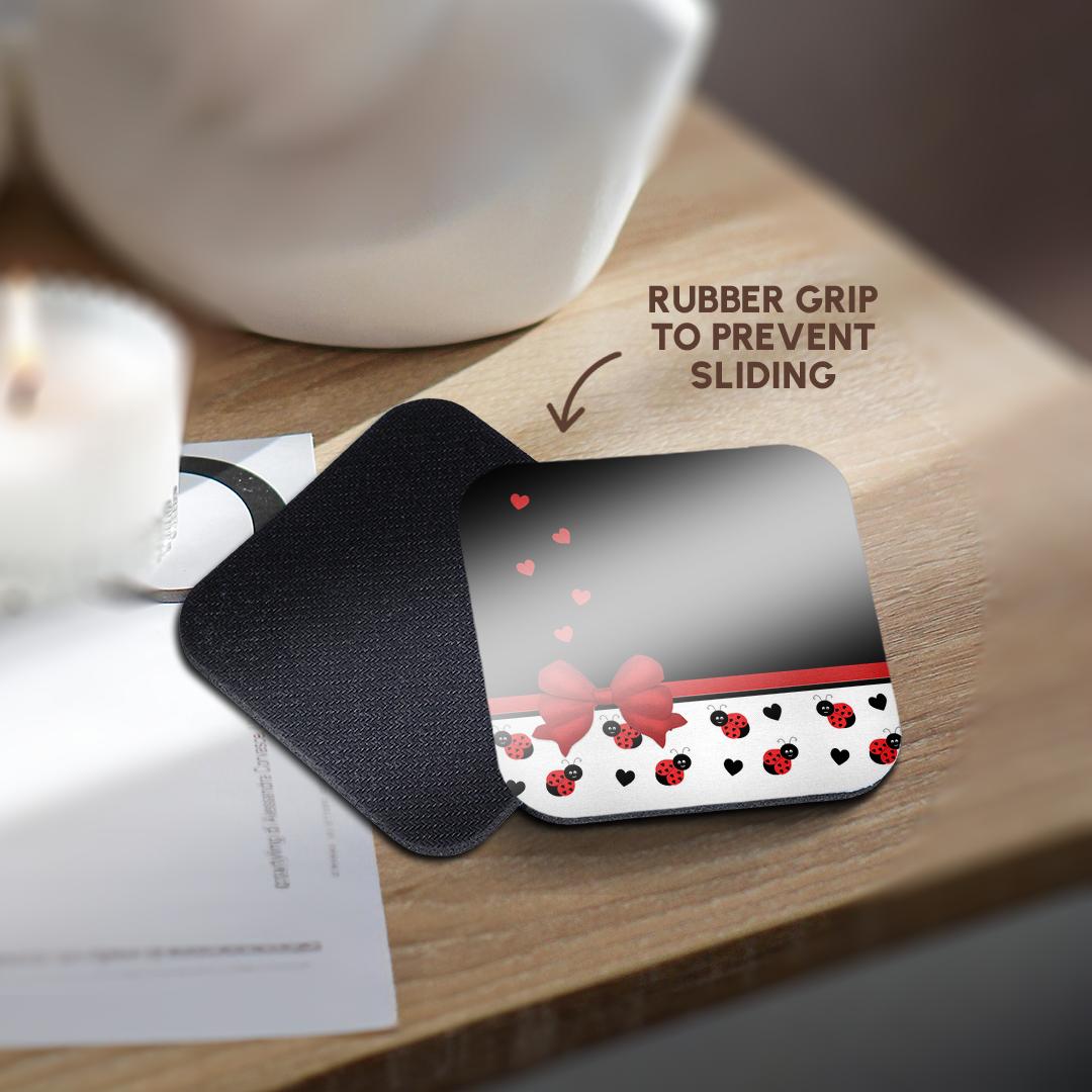 3dRose Charlyn Woodruff - CW Designs Whimsical Collection - Cute Red Black Ladybugs Floating Hearts Red Ribbon - Coasters (CST_155266)