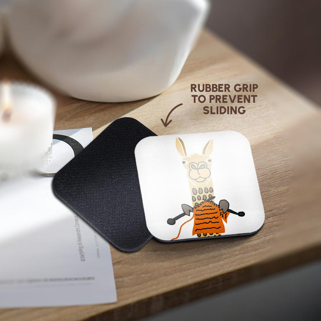 3dRose All Smiles Art Animals - Funny Cute Llama Knitting - Coasters (cst_255795)