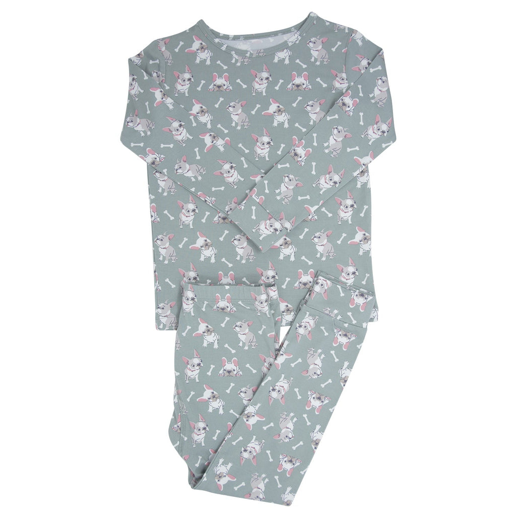 Mint green big kid long-sleeve pajama with allover rabbit pattern and crew neckline