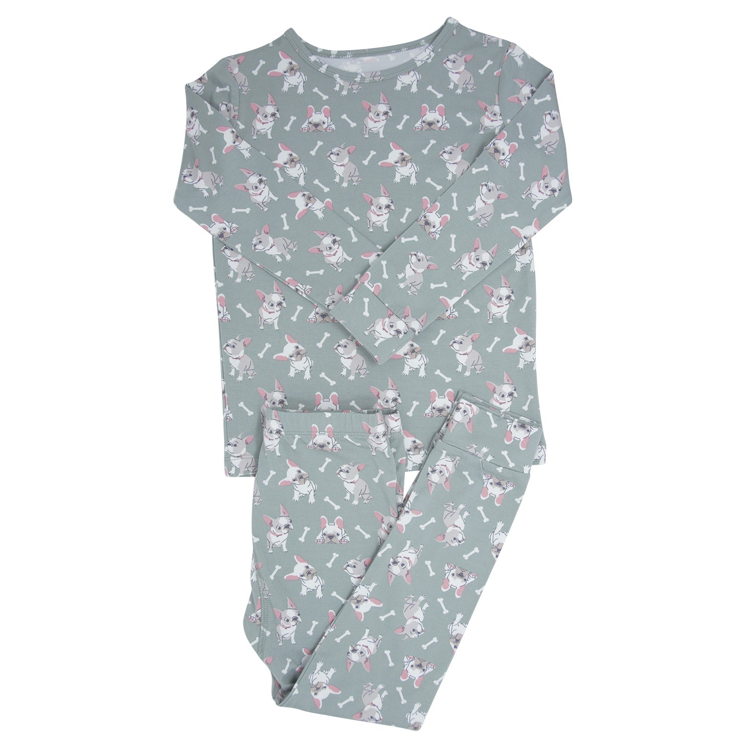 Mint green big kid long-sleeve pajama with allover rabbit pattern and crew neckline