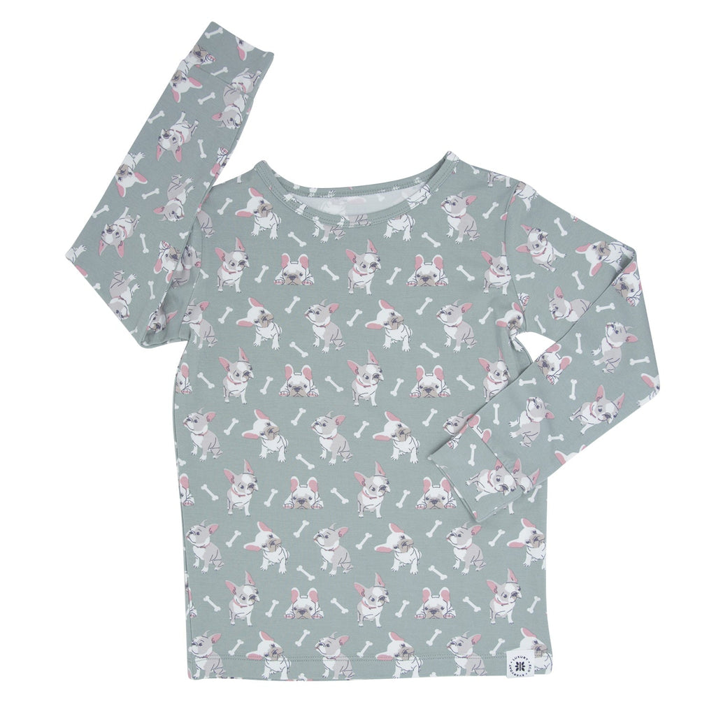 Mint green long-sleeve pajama top with allover rabbit pattern and crew neckline