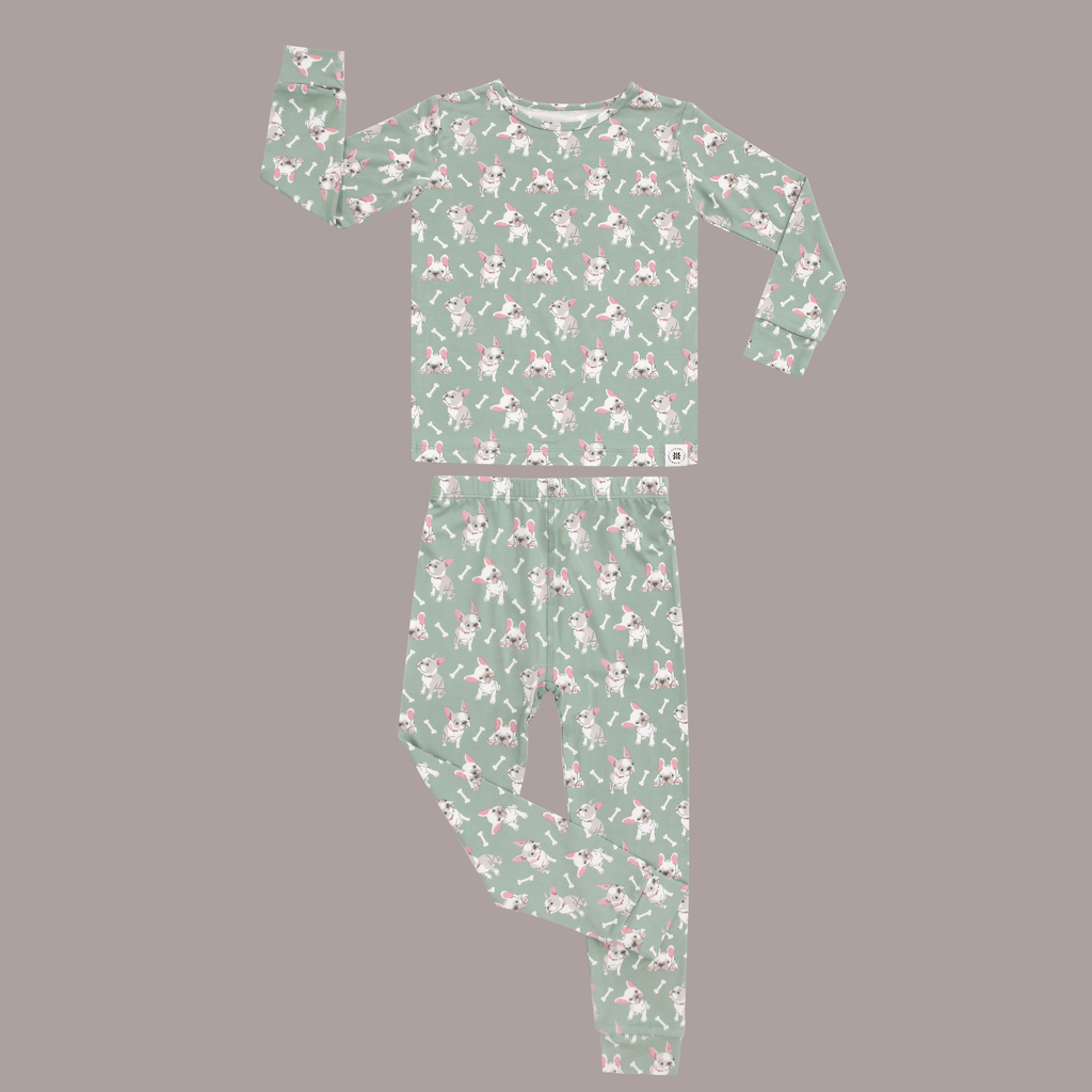 Mint green big kid two-piece pajama set with long sleeves and rabbit pattern