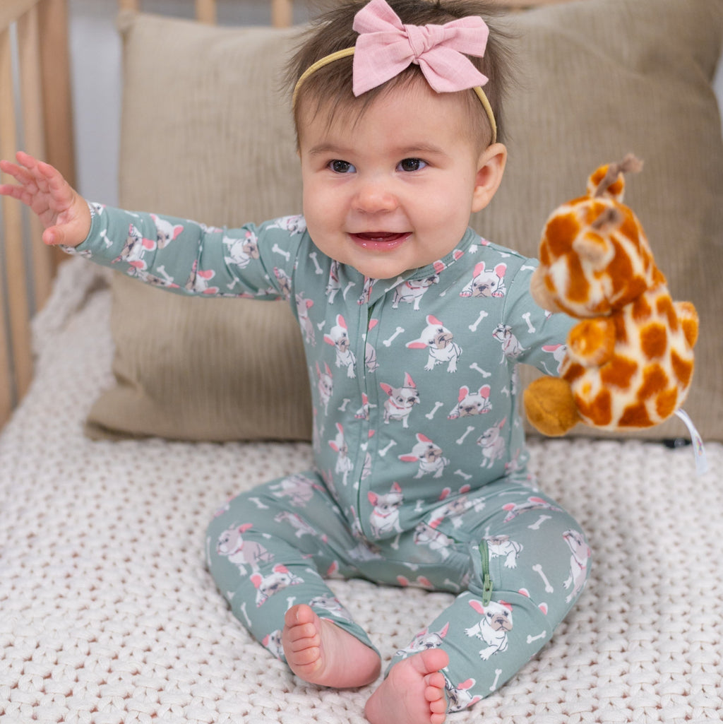 Ruff and Stuff convertible romper in mint green with long sleeves and animal print