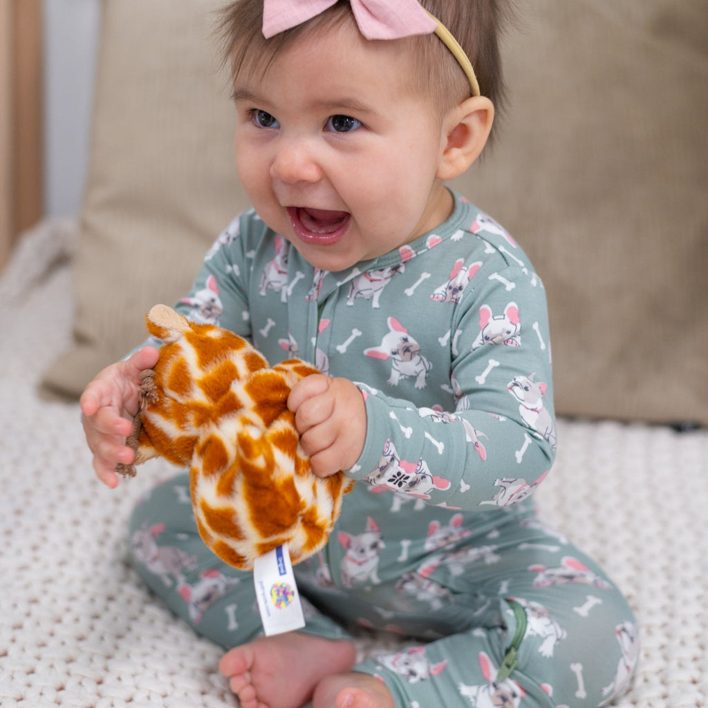 Ruff and Stuff mint convertible romper with long sleeves and all-over bunny print