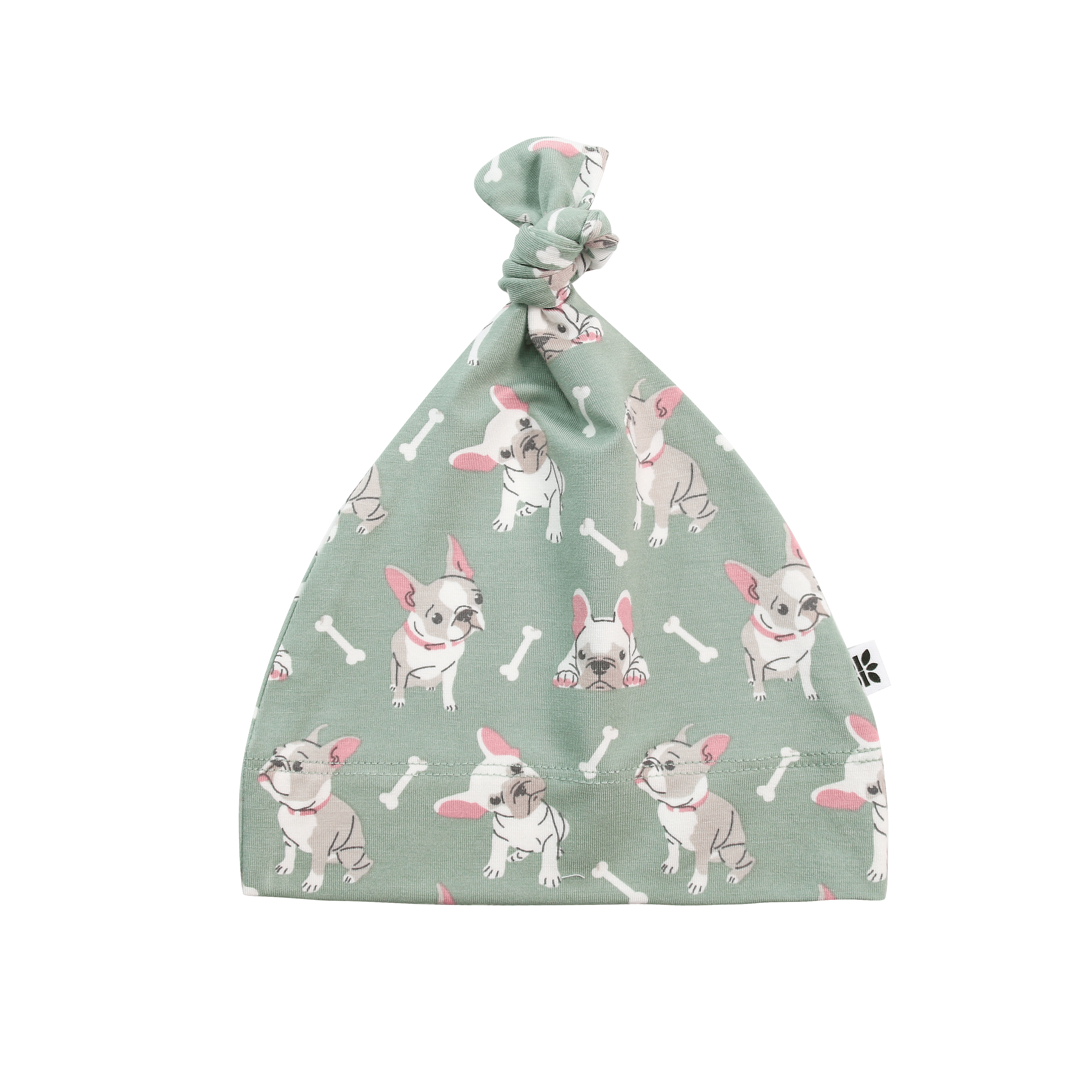 Knot hat in mint green with repeating French bulldog print and gathered top knot
