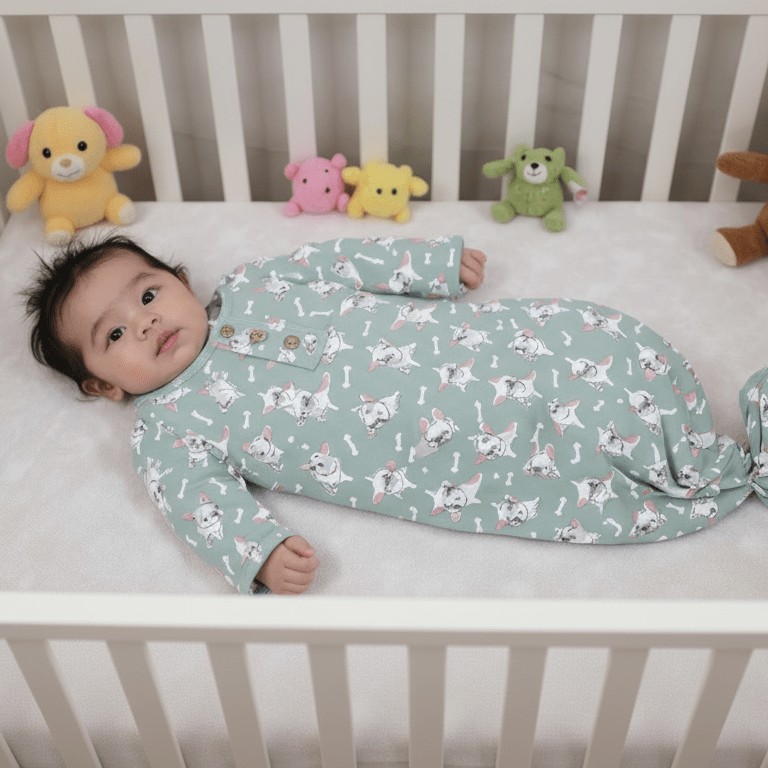 Mint green animal-print knotted baby gown, long sleeves, front knot detail