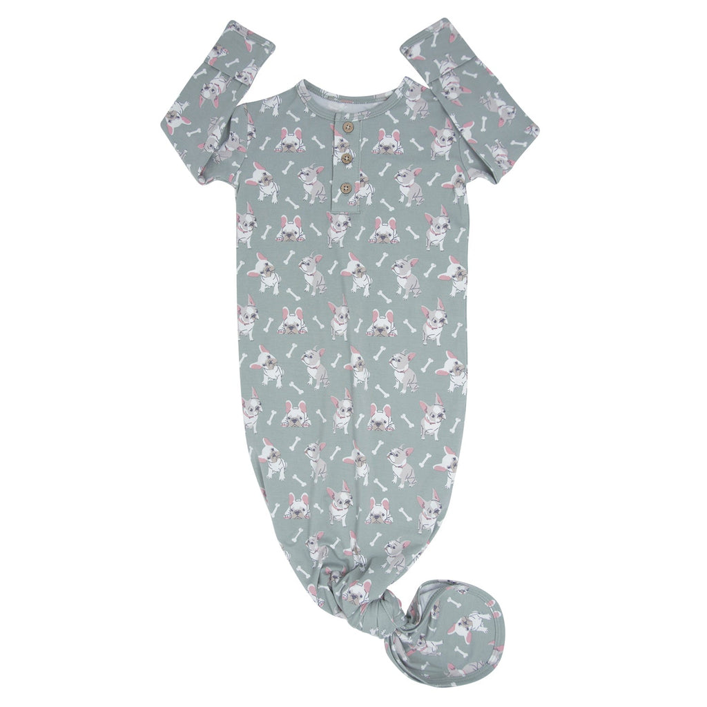 Mint green animal-print knotted baby gown with short sleeves and footed legs