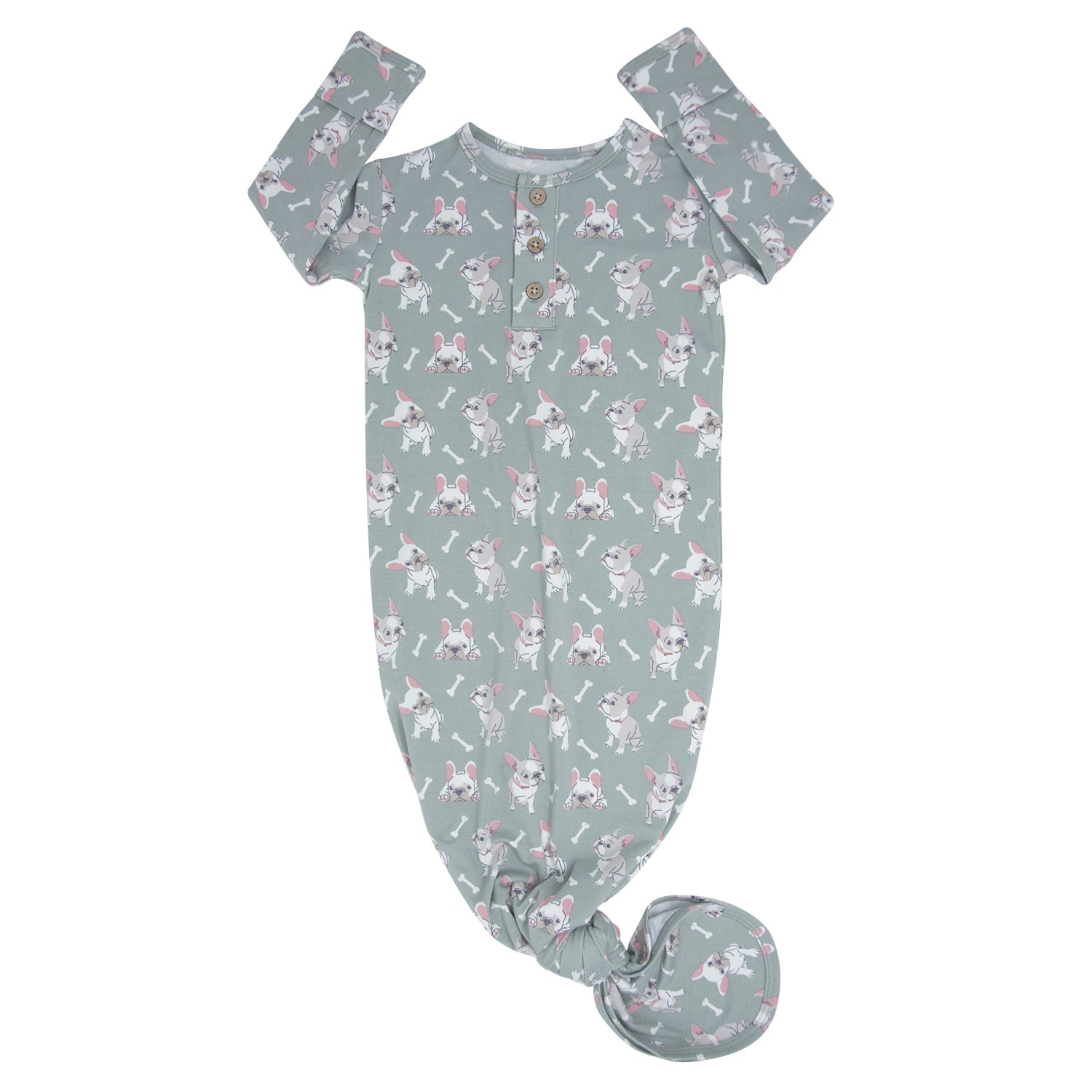Mint green animal-print knotted baby gown with short sleeves and footed legs