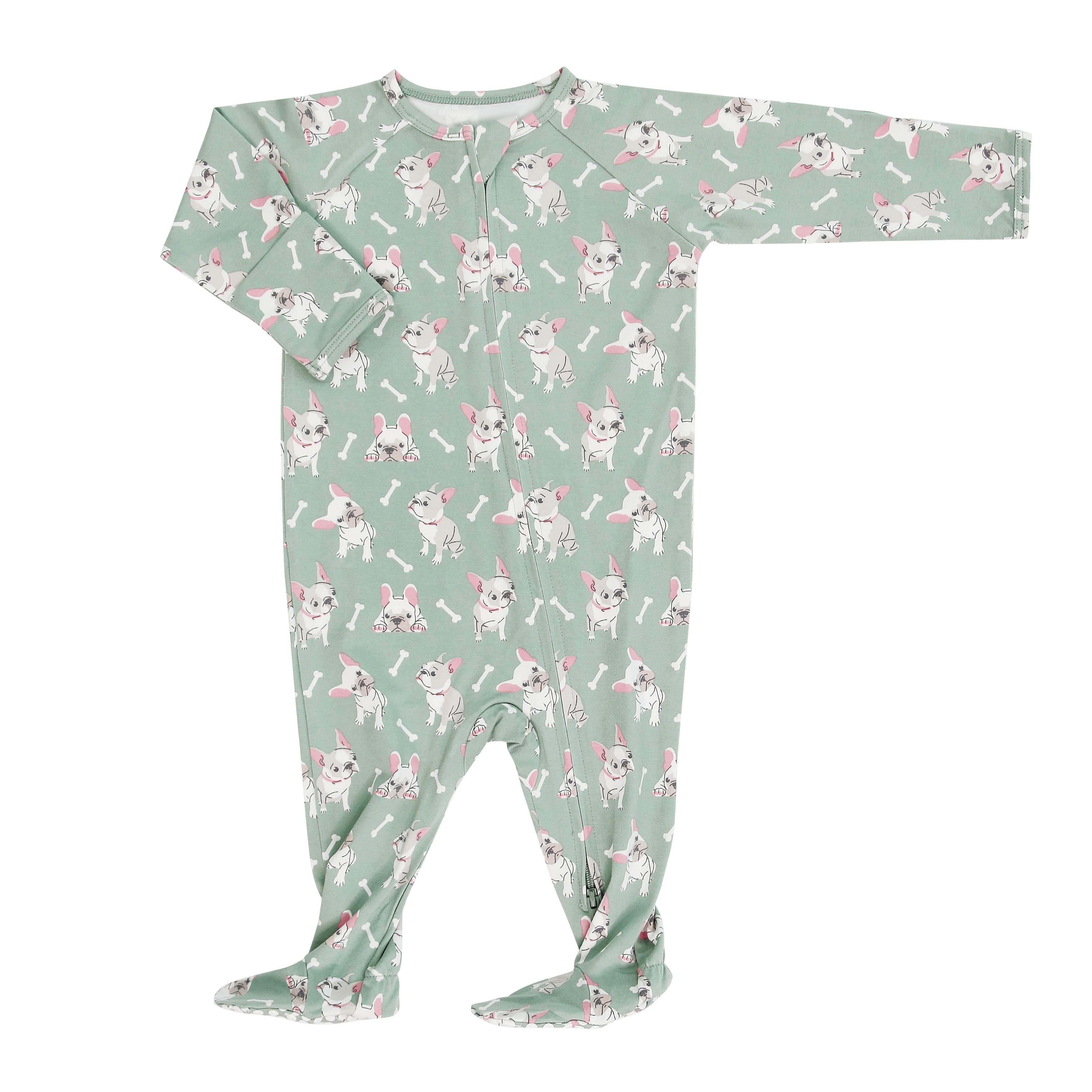 Green bunny-print long-sleeve footie pajamas with footed bottoms