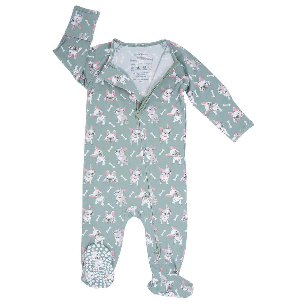 Sage green bunny-print zipper footie pajamas with long sleeves and footed legs